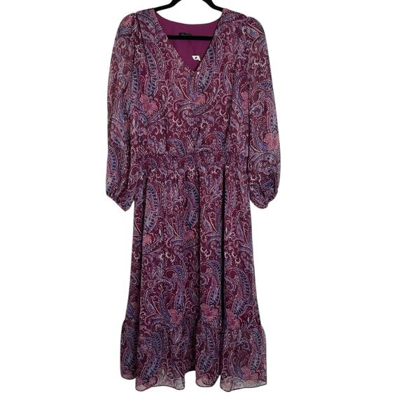 NWT Talbots Fit & Flare Midi Dress Size 14 Metallic Paisley Tiered Ruffle Boho - Picture 2 of 9